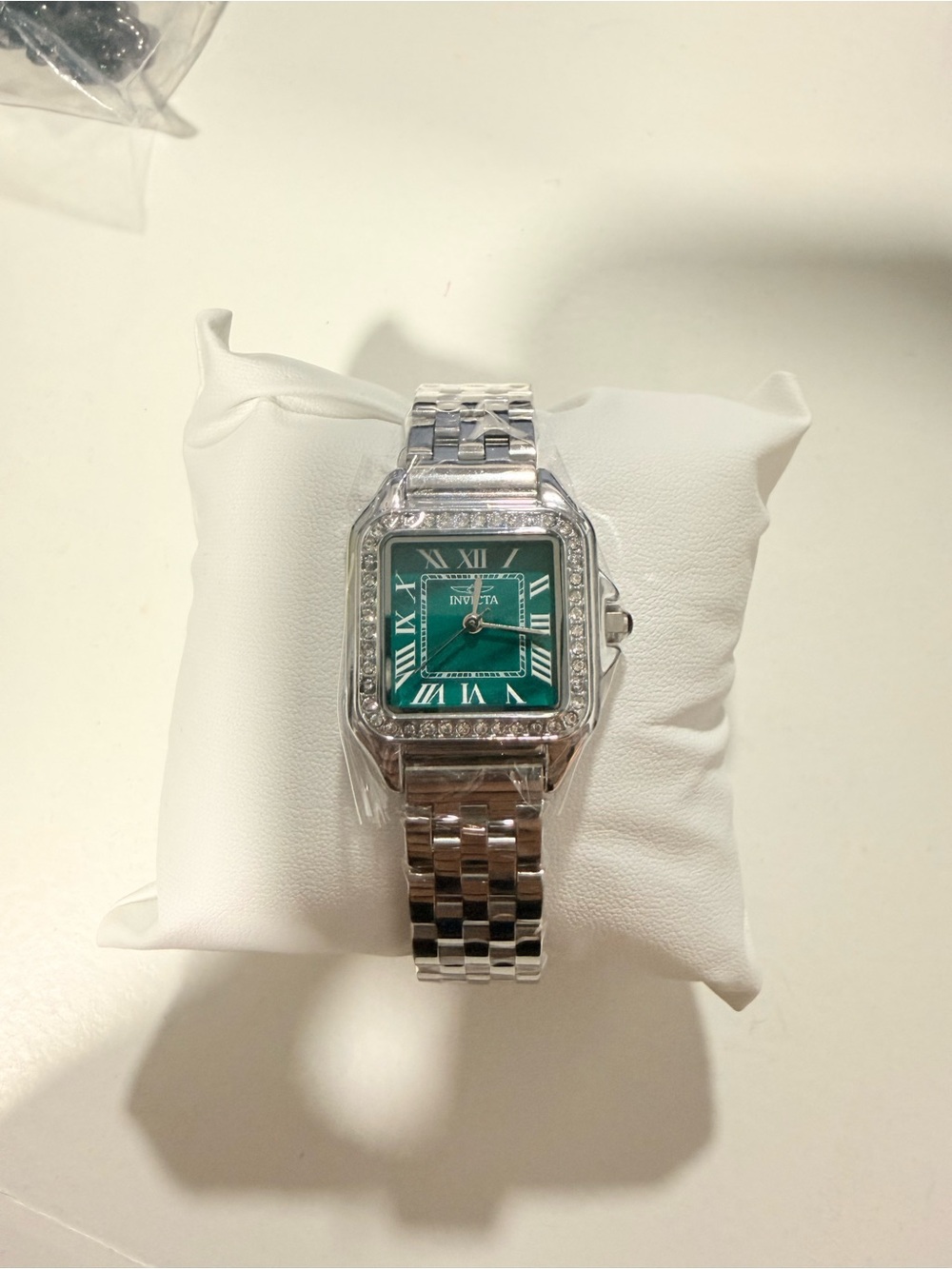 Invicta Silver Bracelet Watch with Green Dial and Crystal Accents